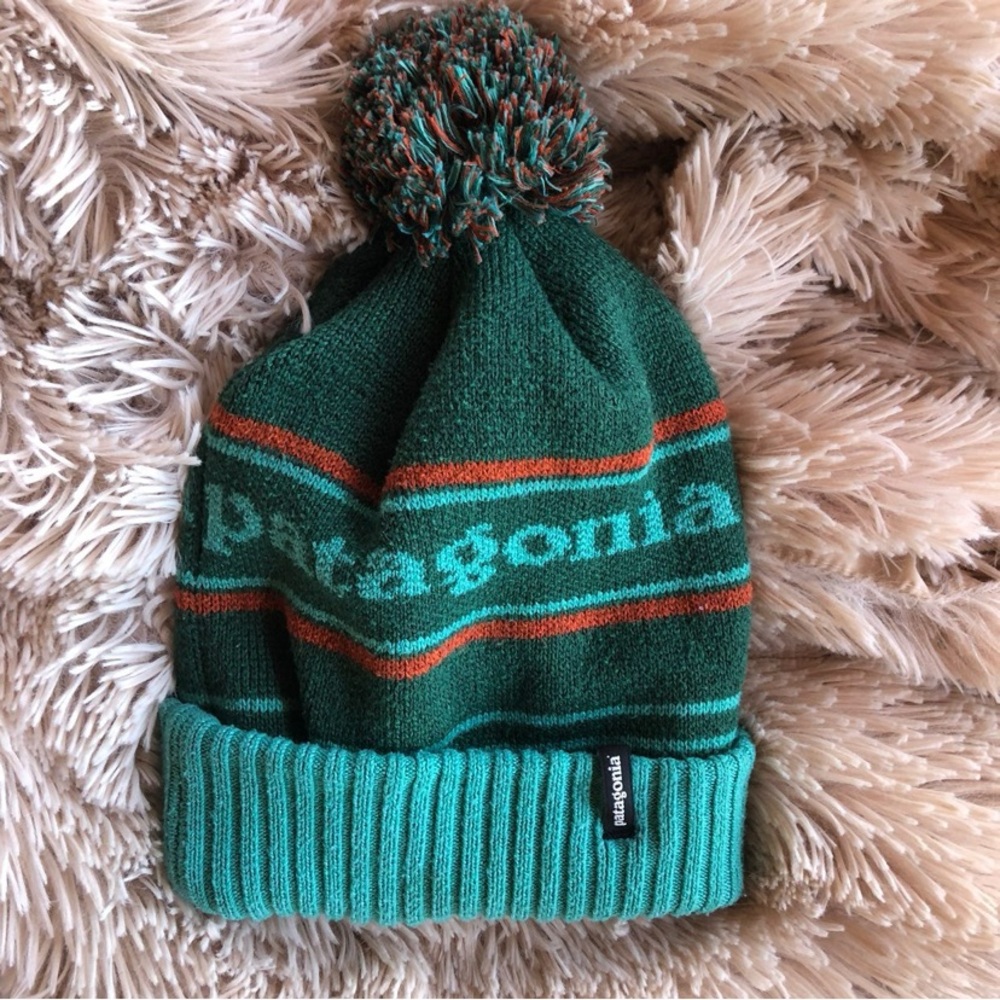 Patagonia Pom Pom Beanie Green and turquoise teal Striped Knit Hat